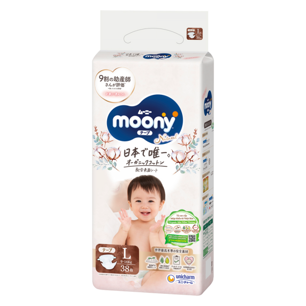 Combo 3 gói Bỉm tã dán Moony Natural size L 38 miếng (9-14kg)