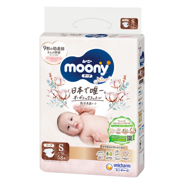 Combo 3 gói Bỉm tã dán Moony Natural size S 58 miếng (4-8kg)