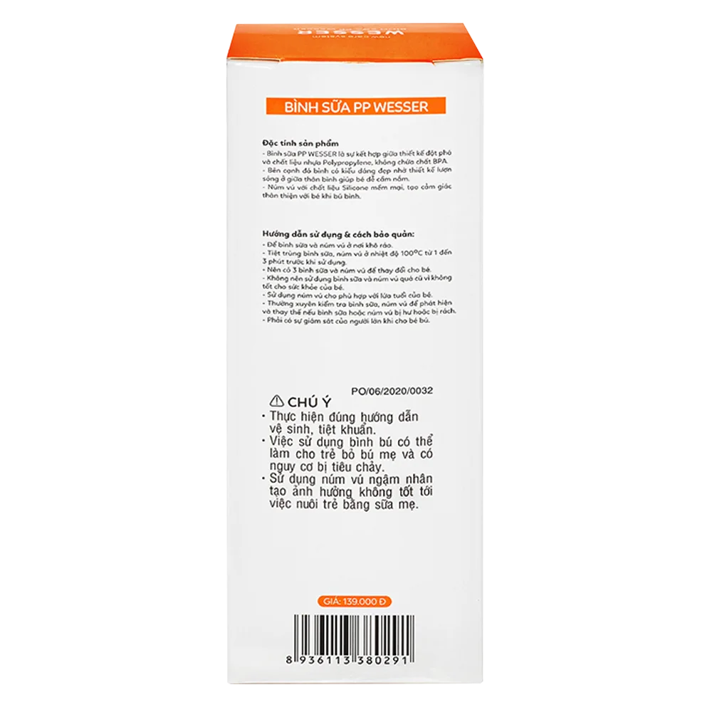 Bình sữa Wesser nhựa PP BPA Free cổ hẹp 250ml