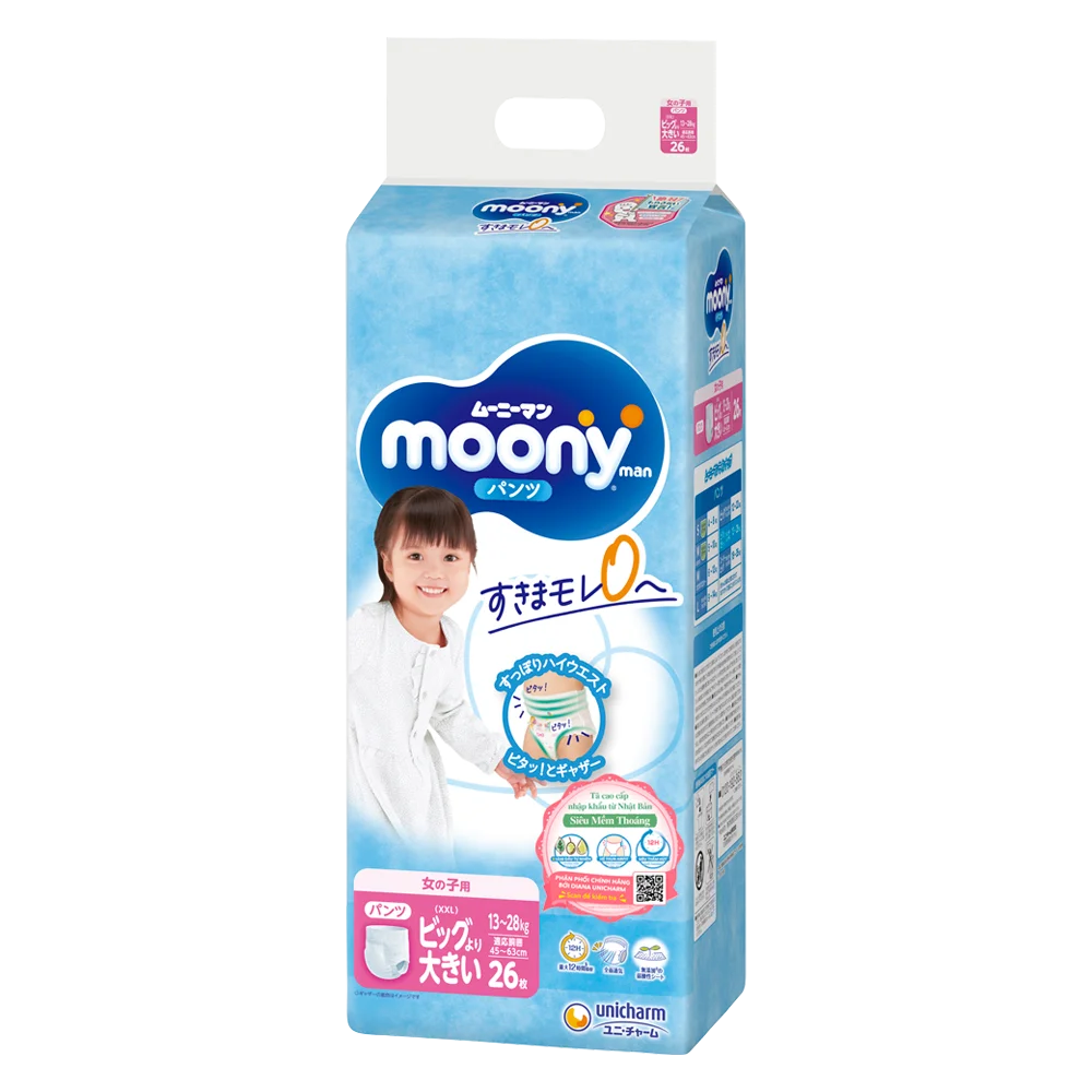 Bỉm tã quần Moony bé gái size XXL 26 miếng (13-28kg) (giao bao bì ngẫu nhiên)