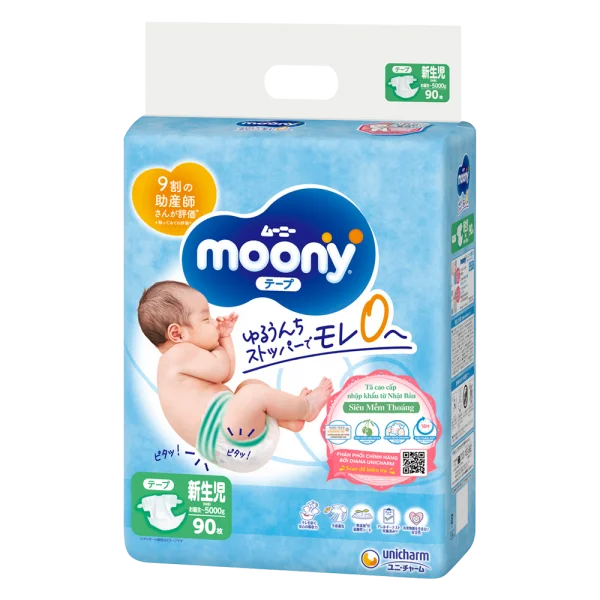 Combo 3 Tã dán sơ sinh Moony (dưới 5kg, 90 miếng) + 6 miếng