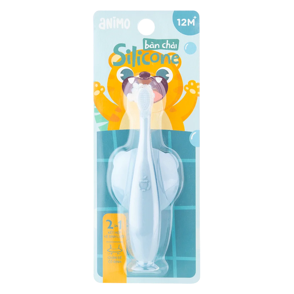 Bàn chải silicone chống hóc cho bé Animo ( 12M+, Xanh, GHtr2202)
