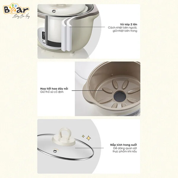 Nồi nấu chậm Bear 1,6L có lồng hấp (Kem, SUBE002)