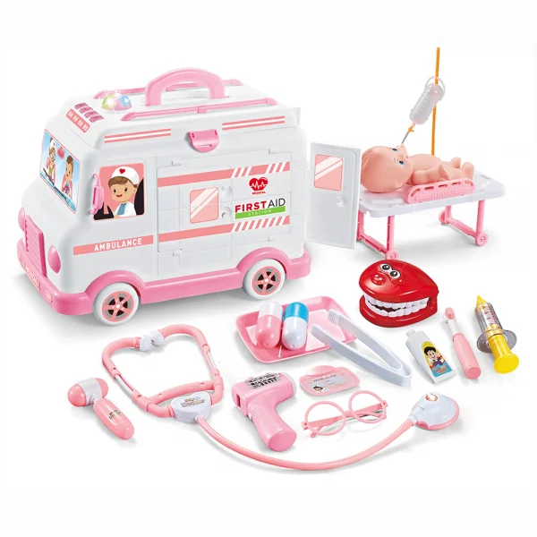 Xe cấp cứu cao cấp có nhạc đèn kèm dụng cụ bác sĩ CY514019 (Hồng)