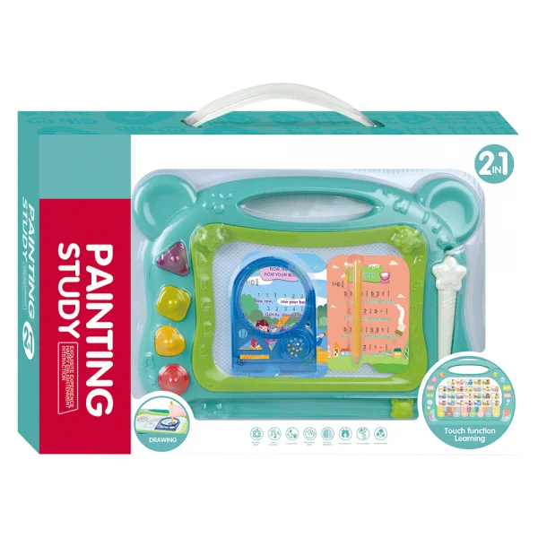 Bảng vẽ đa năng có nút bấm học chữ kèm bút và khuôn ấn cho bé CY464570 (Xanh)