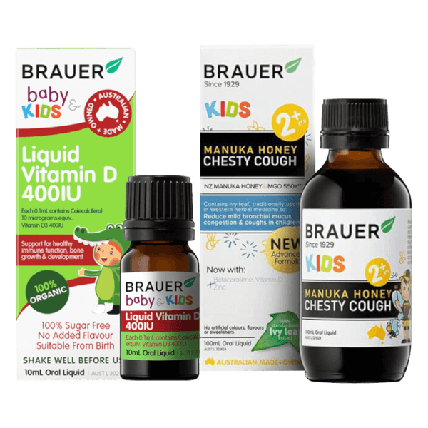 Combo 1 Thực phẩm bảo vệ sức khỏe:Brauer Kids Manuka Honey Chesty Cough 100mL và 1 Brauer Liquid Vitamin D Organic