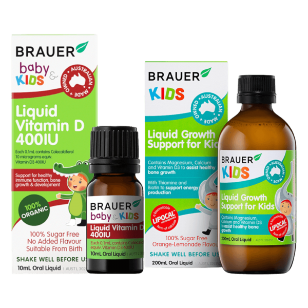 Combo 1 Siro giúp bé tăng chiều cao Brauer Liquid Growth Support for Kids và 1 Brauer Liquid Vitamin D Organic