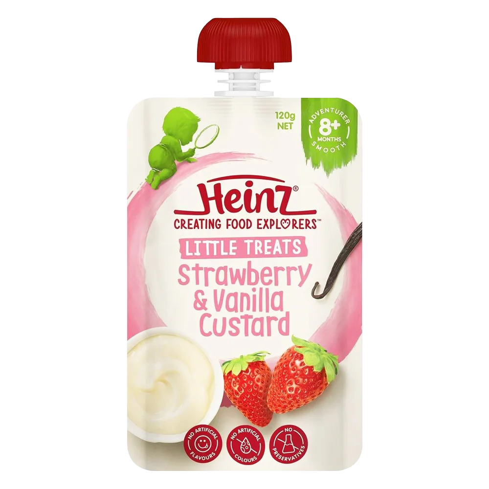 Hỗn hợp nghiền dành cho trẻ 8 tháng tuổi trở lên : Custard Dâu và Vani - Heinz Strawberry & Vanilla custard.