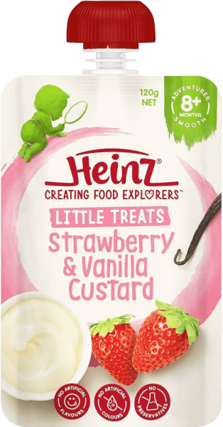 Hỗn hợp nghiền dành cho trẻ 8 tháng tuổi trở lên : Custard Dâu và Vani - Heinz Strawberry & Vanilla custard.