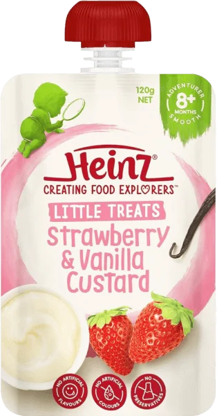 Hỗn hợp nghiền dành cho trẻ 8 tháng tuổi trở lên : Custard Dâu và Vani - Heinz Strawberry & Vanilla custard.