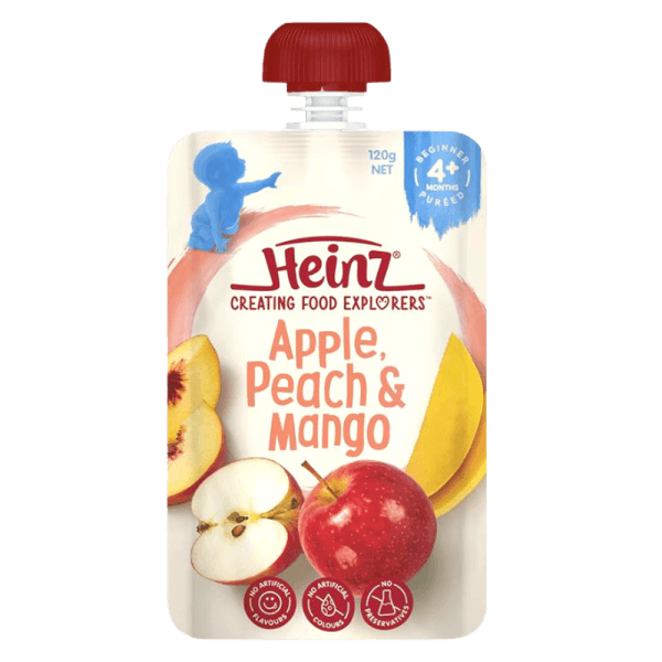 Hỗn hợp nghiền dành cho trẻ 4 tháng tuổi trở lên : Táo, Đào và Xoài - Heinz Apple, Peach & Mango.