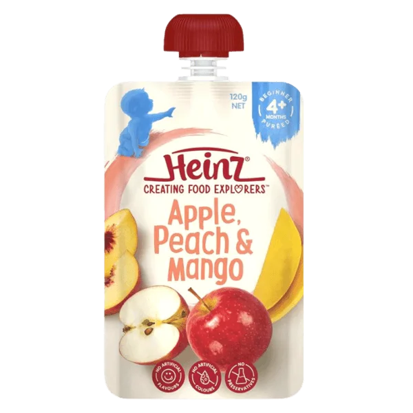 Hỗn hợp nghiền dành cho trẻ 4 tháng tuổi trở lên : Táo, Đào và Xoài - Heinz Apple, Peach & Mango.