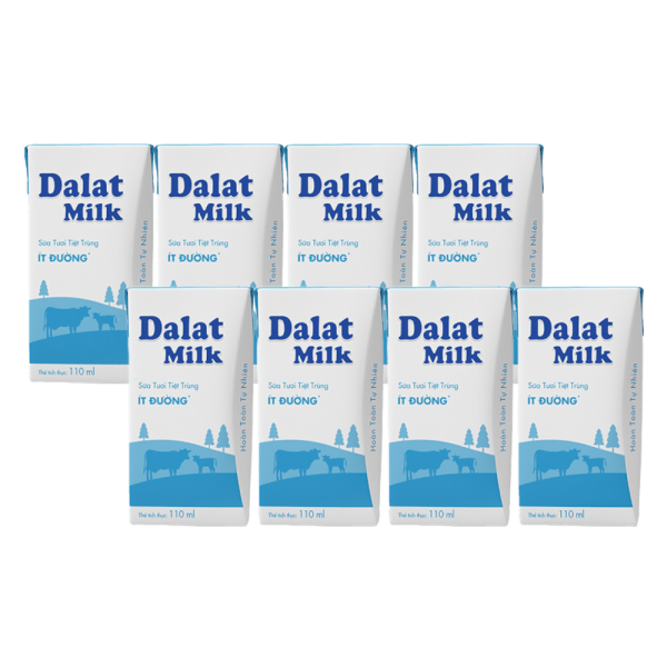 Combo 2 Sữa tươi tiệt trùng Dalat Milk ít đường 110ml (lốc 4 hộp)