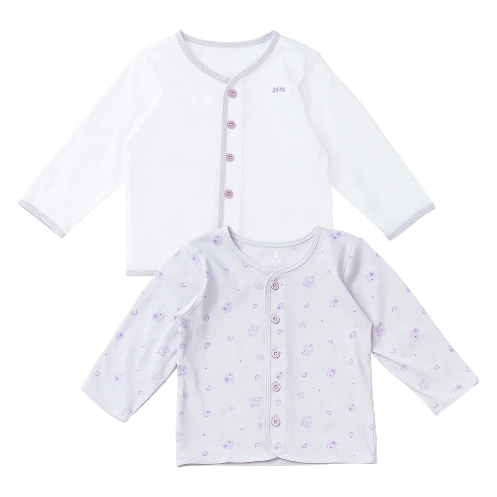 Cặp áo sơ sinh cài giữa tay dài Animo KV223022 (NB-12M,Tím họa tiết_Trắng)