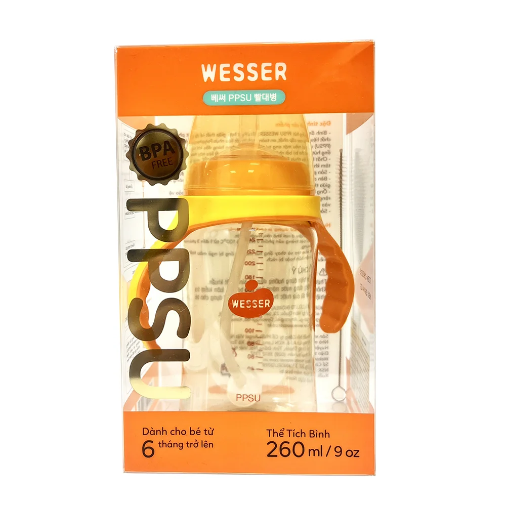 Bình ống hút Wesser nhựa PPSU có tay cầm cổ rộng 260ml (Giao bao bì ngẫu nhiên)