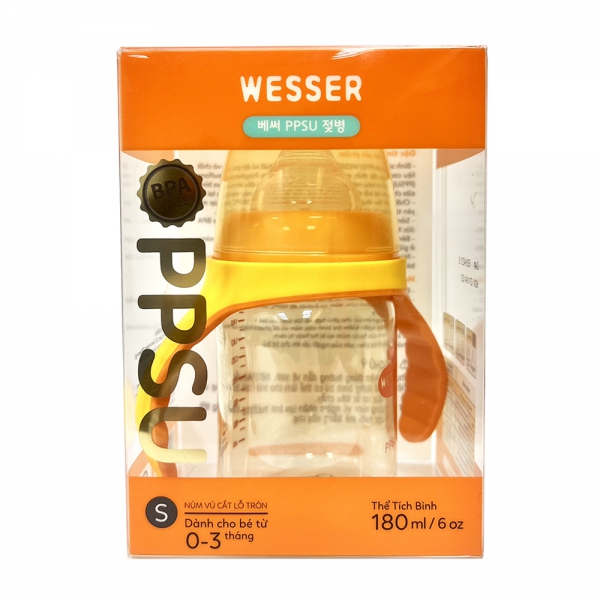 Bình sữa Wesser nhựa PPSU có tay cầm cổ rộng 180ml (Giao bao bì ngẫu nhiên)