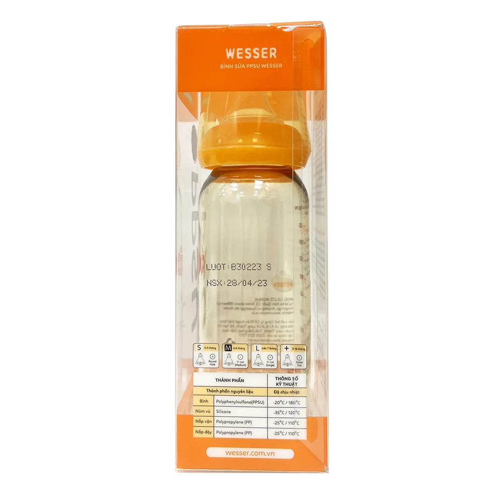 Bình sữa Wesser nhựa PPSU cổ hẹp 250ml (Giao bao bì ngẫu nhiên)