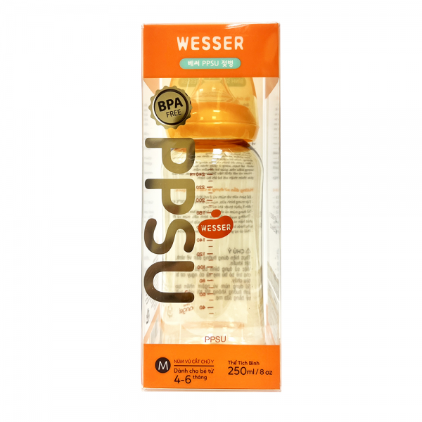 Bình sữa Wesser nhựa PPSU cổ hẹp 250ml (Giao bao bì ngẫu nhiên)
