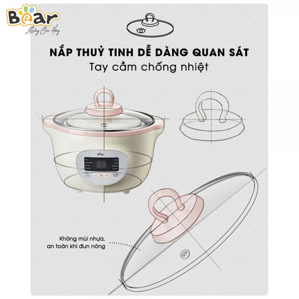 Nồi nấu chậm Bear 1,6L có lồng hấp (Hồng, SUBE002)