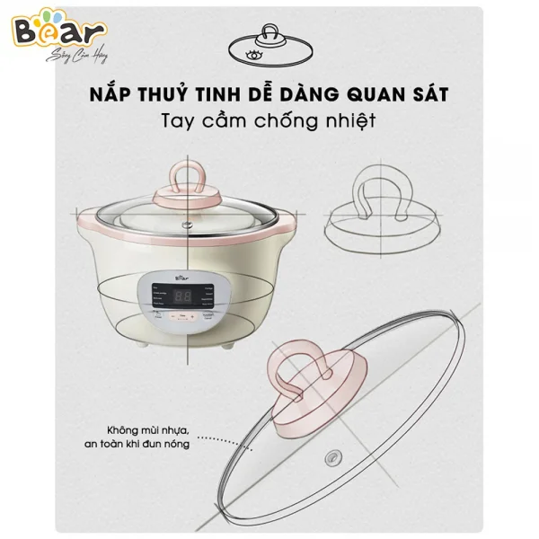 Nồi nấu chậm Bear 1,6L có lồng hấp (Hồng, SUBE002)
