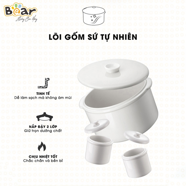 Nồi nấu chậm Bear 1,6L có lồng hấp (Hồng, SUBE002)