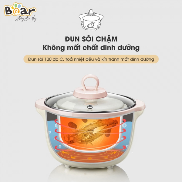 Nồi nấu chậm Bear 1,6L có lồng hấp (Hồng, SUBE002)