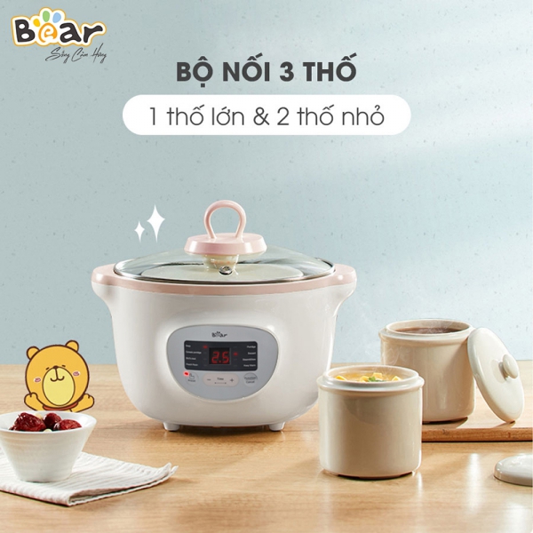 Nồi nấu chậm Bear 1,6L có lồng hấp (Hồng, SUBE002)