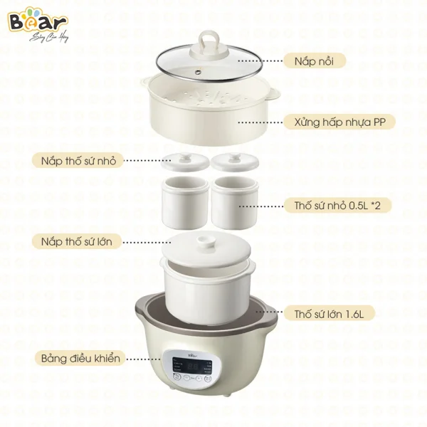 Nồi nấu chậm Bear 1,6L có lồng hấp (Kem, SUBE002)