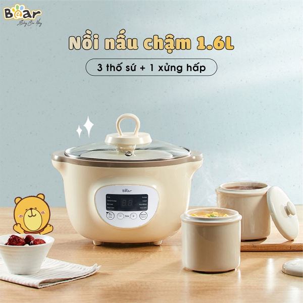 Nồi nấu chậm Bear 1,6L có lồng hấp (Kem, SUBE002)