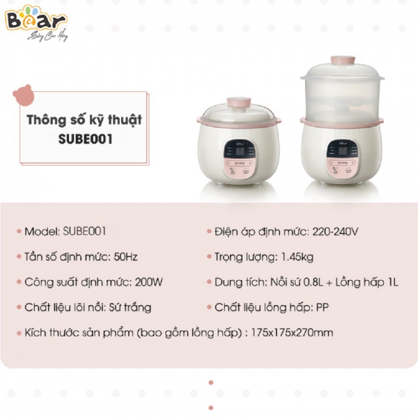 Nồi nấu chậm Bear 0,8L (Hồng, SUBE001)