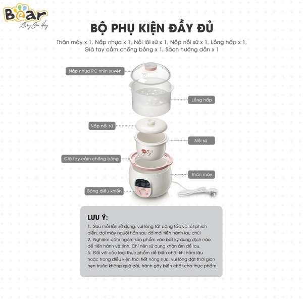 Nồi nấu chậm Bear 0,8L (Hồng, SUBE001)