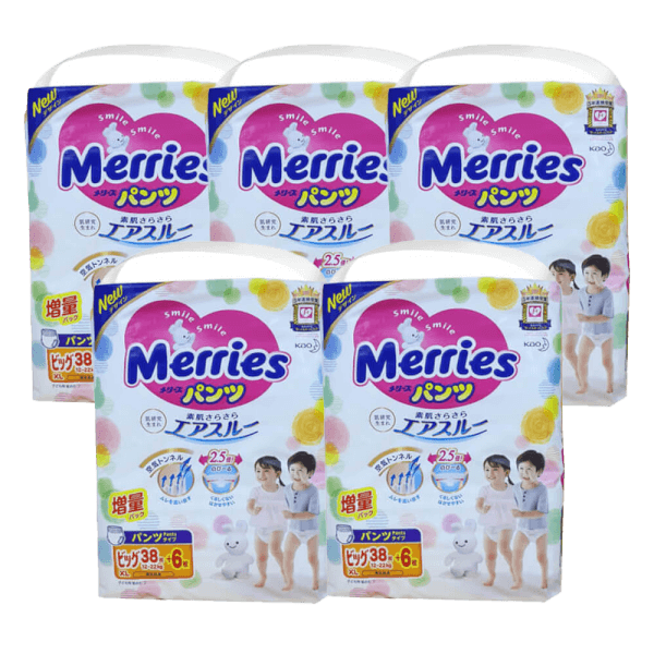 Combo 5 tã quần Merries cộng miếng (XL, 12-22kg, 38 + 6 miếng)