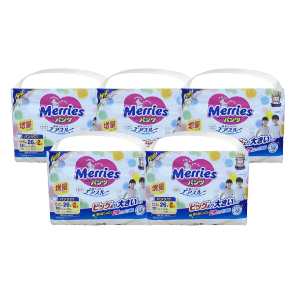 Combo 5 tã quần Merries cộng miếng (XXL, 15-28kg, 26 + 2 miếng)