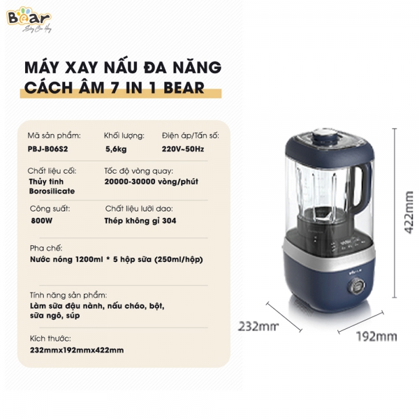 Máy xay nấu đa năng cách âm Bear (nấu sữa hạt, PBJ-B06S2)