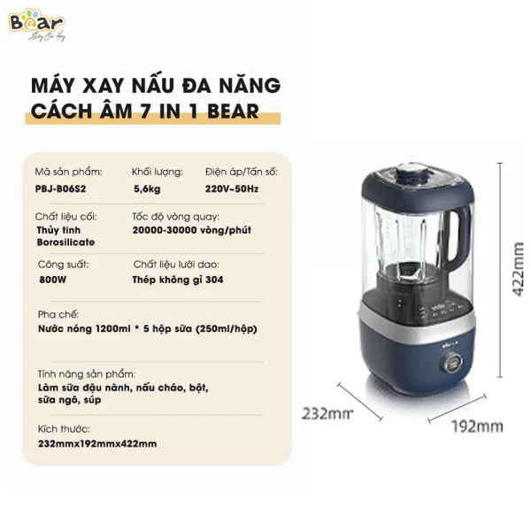 Máy xay nấu đa năng cách âm Bear (nấu sữa hạt, PBJ-B06S2)