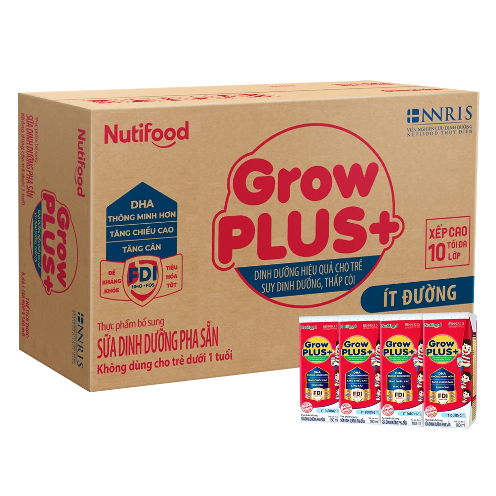 Thùng SPDDPS GrowPLUS 180ml Ít đường (lốc 4 hộp) - 12 lốc