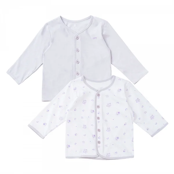 Cặp Áo SS cài giữa tay dài Animo KV223021 (0-3M,Trắng họa tiết_Tím)