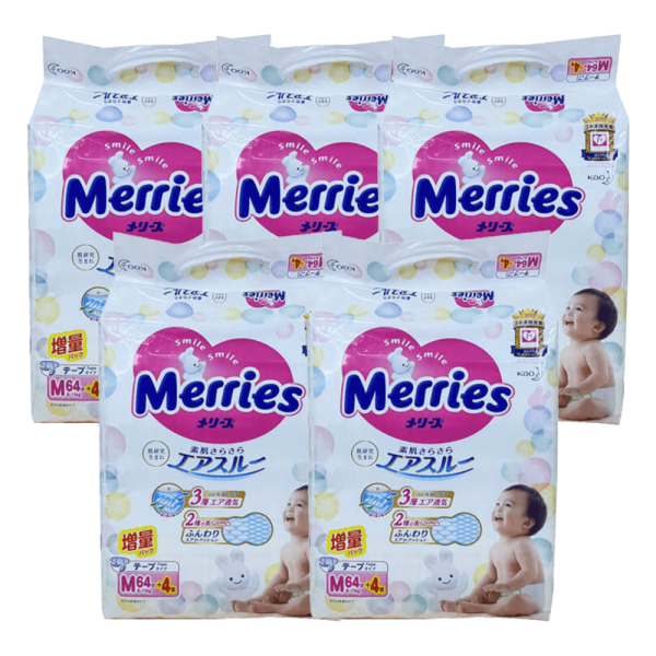 Combo 5 Tã dán Merries nội địa (M, 6-11kg, 64 + 4 miếng)