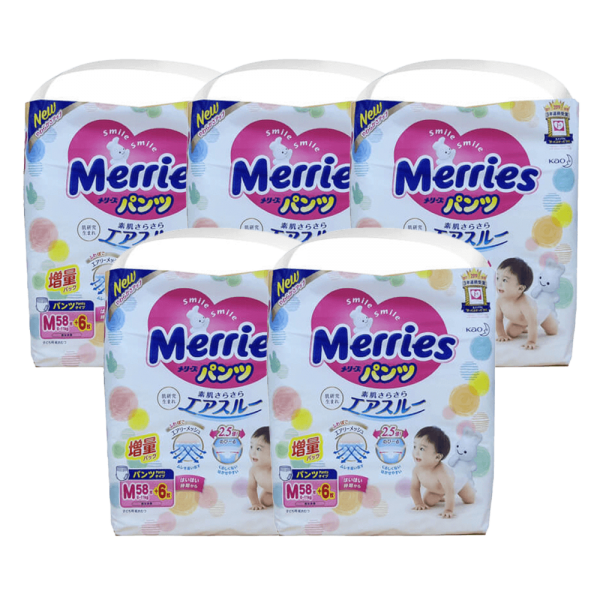 Combo 5 Tã quần Merries nội địa (M, 6-11kg, 58 + 6 miếng)