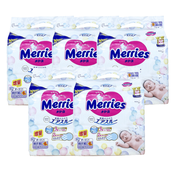 Combo 5 Tã dán Merries nội địa (Newborn, dưới 5kg, 90 + 6 miếng)