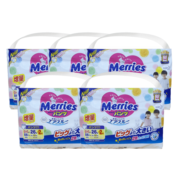 Combo 5 Tã quần Merries nội địa (XXL, 15-28kg, 26 + 2 miếng)
