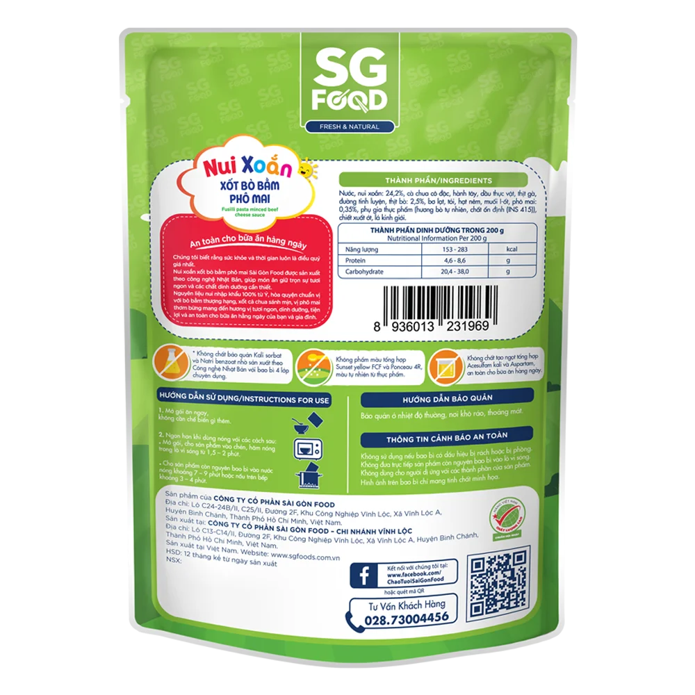 Nui xoắn xốt bò bằm phô mai SG Food 200g