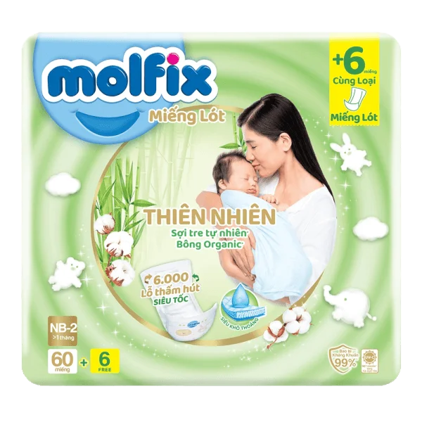 Miếng lót Molfix Thiên Nhiên (Newborn 2, > 1 tháng, 60 miếng + 6 miếng)