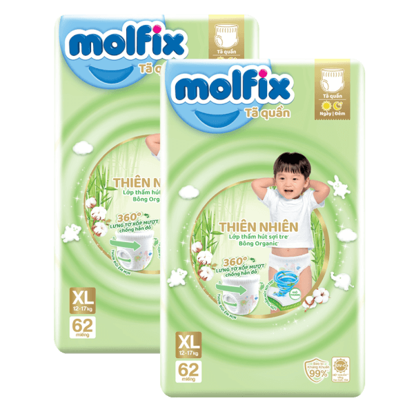 Combo 2 Tã quần Molfix Thiên Nhiên (XL, 12 - 17kg, 62 miếng) (giao bao bì ngẫu nhiên)