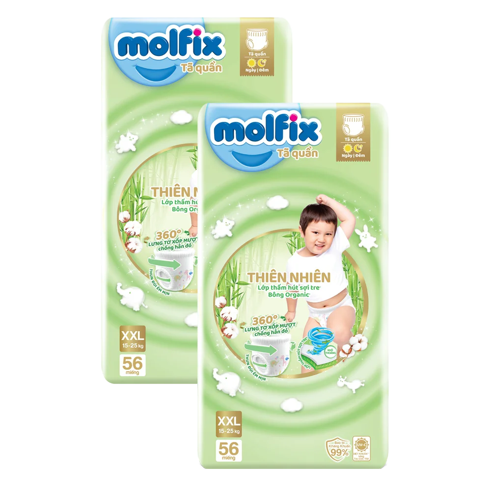 Combo 2 Tã quần Molfix Thiên Nhiên (XXL, 15 - 25kg, 56 miếng) (giao bao bì ngẫu nhiên)