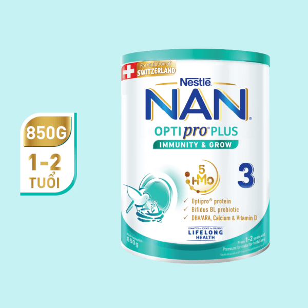 Sữa Nan Optipro PLUS 3 850g, với 5HMO, công thức từ Thụy Sĩ (1-2 tuổi)