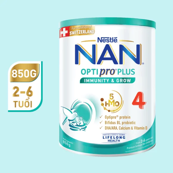 Sữa Nan Optipro PLUS 4 850g, với 5HMO, công thức từ Thụy Sĩ (2-6 tuổi)