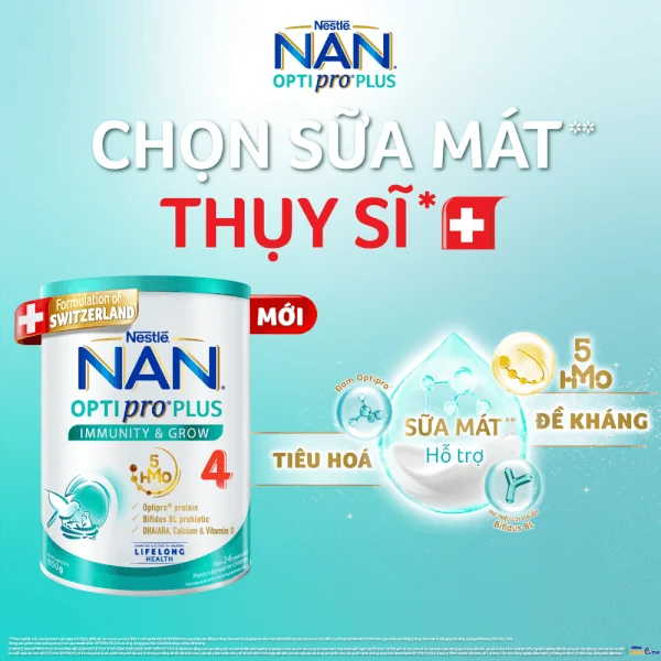 Sữa Nan Optipro PLUS 4 850g, với 5HMO, công thức từ Thụy Sĩ (2-6 tuổi)