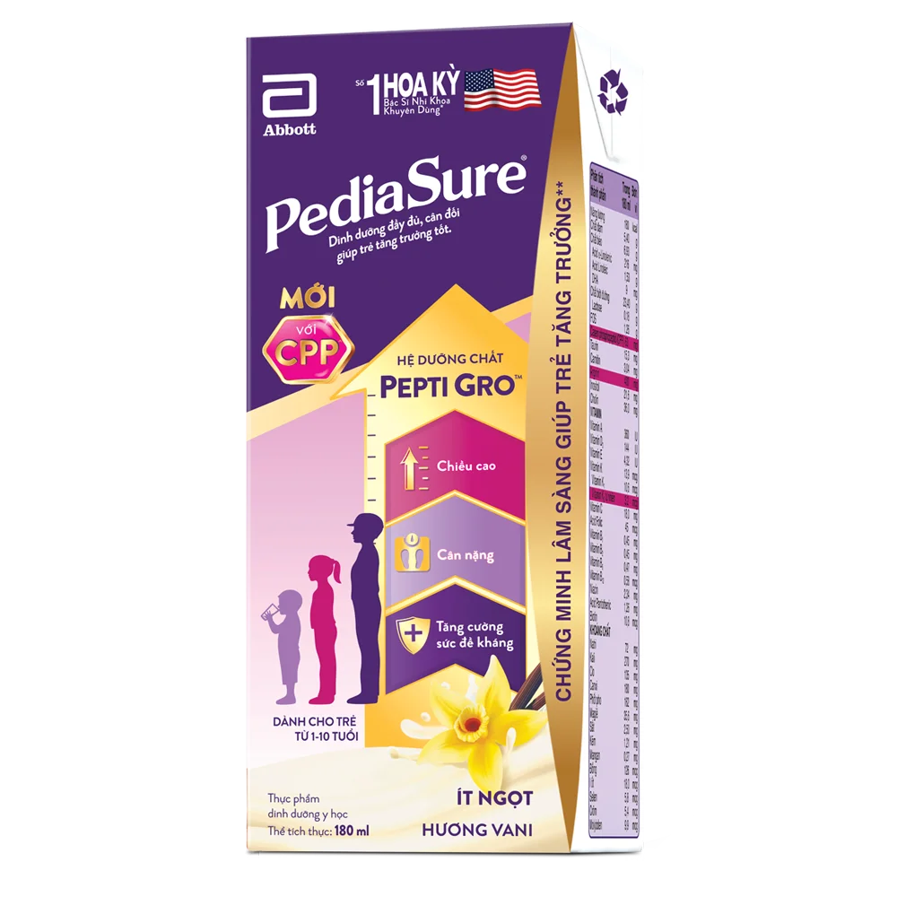 Thực phẩm dinh dưỡng y học cho trẻ 1-10 tuổi: Pediasure hương vani (180ml) (Lốc 4)