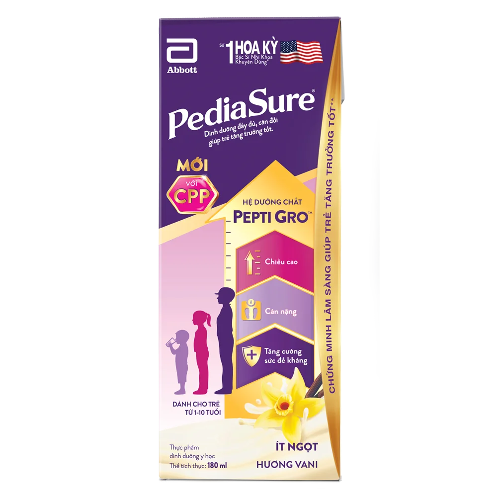 Thực phẩm dinh dưỡng y học cho trẻ 1-10 tuổi: Pediasure hương vani (180ml) (Lốc 4)